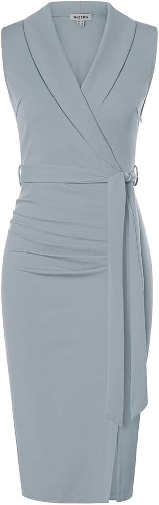 GRACE KARIN Women's Wear to Work Sleeveless Ruched Bodycon Office Pencil Midi Dresses with Belt | Amazon (US)