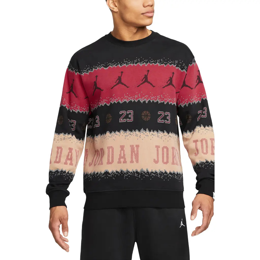 Jordan Essentials Holiday Fair Isle Crewneck Sweatshirt in Gym Red/Black at Nordstrom, Size X-Large | Nordstrom