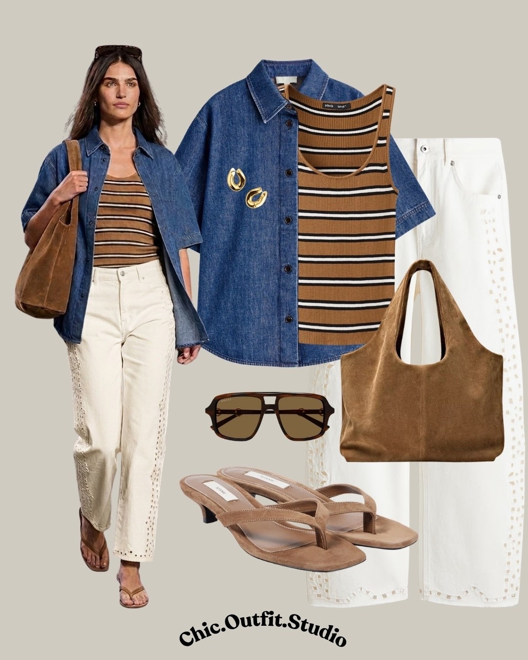 Denim shirt + soft layers
✨A denim shirt layered over a striped tank top and paired with light neutral jeans with English embroidery creates a relaxed spring outfit with a casual chic feel. Styled with sandals and natural accessories, this look works perfectly for weekend errands, travel days, casual outings, or coffee dates. Effortless layering that feels comfortable, modern, and easy to wear.
✨Tags: denim shirt outfit women, spring casual outfit ideas, striped top outfit women, neutral trousers outfit, European casual chic style, everyday spring outfit, relaxed smart casual outfit, transitional outfit ideas

#LTKshoes #LTKspring #LTKstyletip