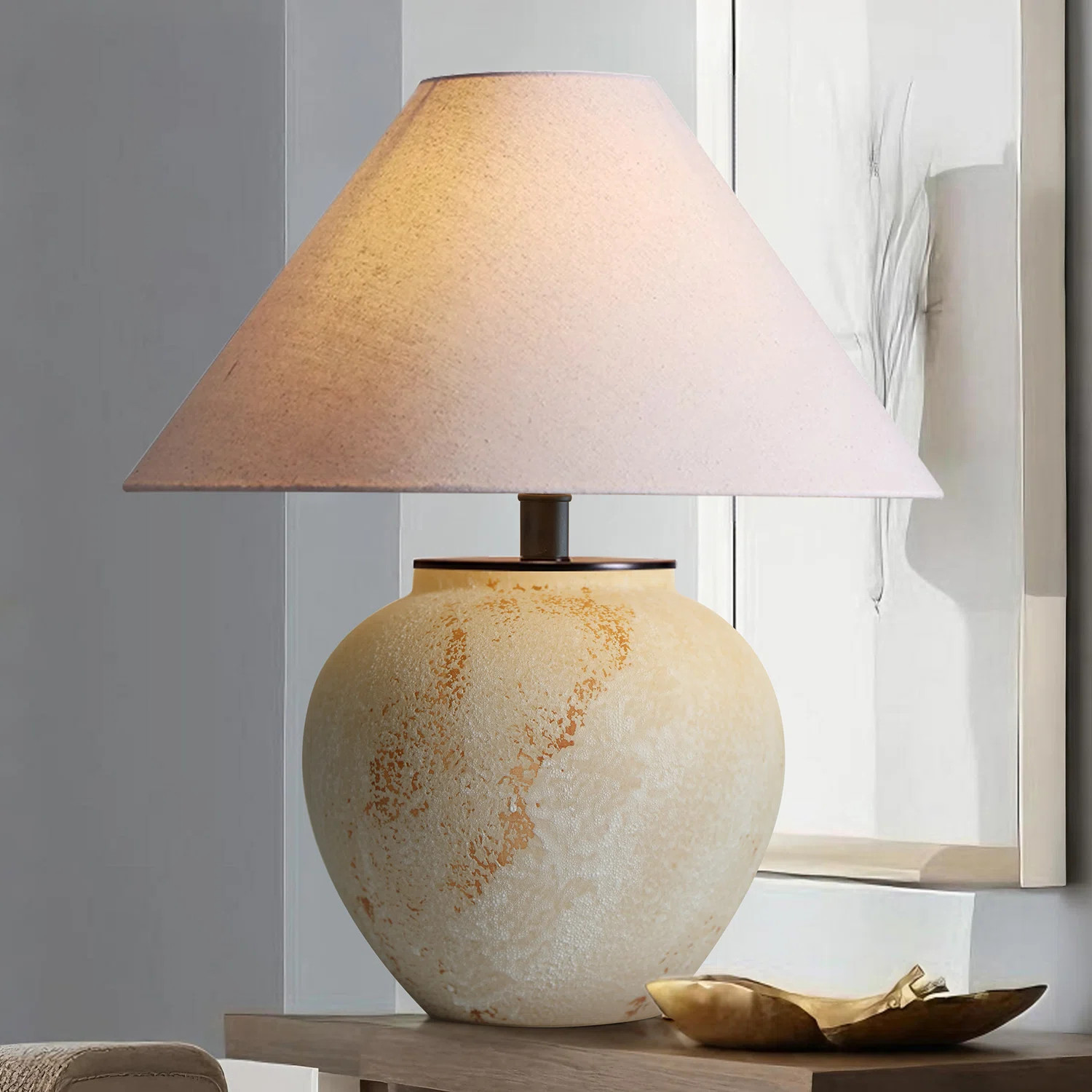 Iftikar Rustic Earthenware Table Lamp With Linen Shade & Free LED Bulb — Compact Accent Lamp Fo... | Wayfair North America