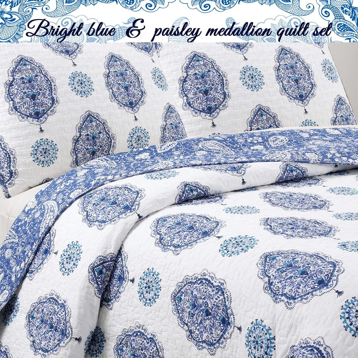 Cozy Line Home Fashions 100% Cotton Paisley Leaf Medallion Navy Blue White Reversible Quilt Beddi... | Amazon (US)