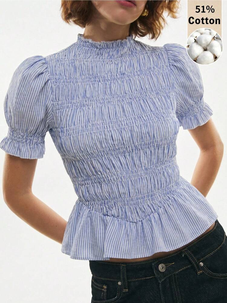 Po\u00e9selle Women's Summer Casual Vacation Style Blue & White Striped Peplum Short Sleeve Blouse,Peplum Blouse, Casual Blouse For Women,Summer Outfits For Women,Summer Top | SHEIN