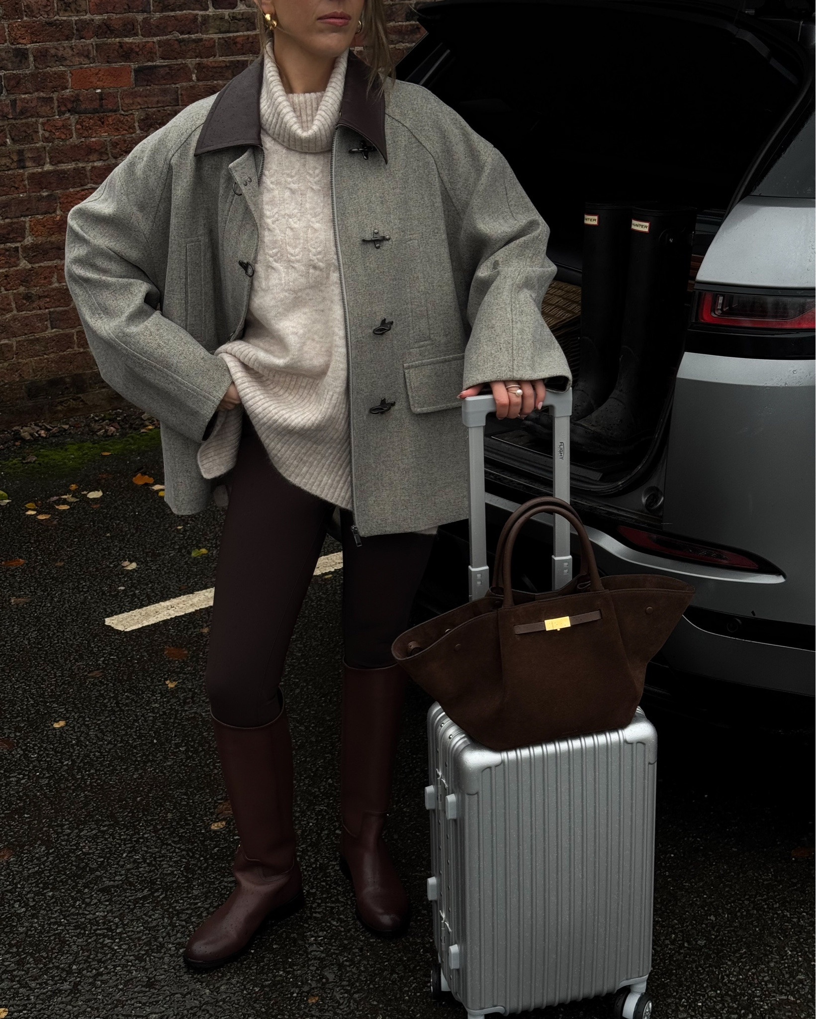 Staycation outfit 🤎 

Barn jacket, brown boots, brown leggings, demellier bag, silver suitcase, roll neck jumper 

#LTKautumn #LTKuk #LTKstyletip