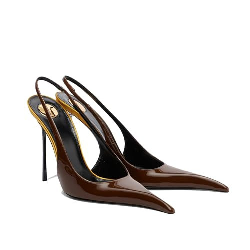 THESHY Women's Slingback High Heels Patent Leather Pointed Toe Slip On Satin Stiletto Pumps Fashion Party Dress Shoes for Women Brown | Amazon (US)