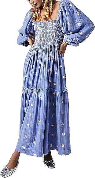 Willow Dance Women Casual Bohemian Floral Dress Square Neck Ruffle Swing A Line Dress Long Sleeve... | Amazon (US)