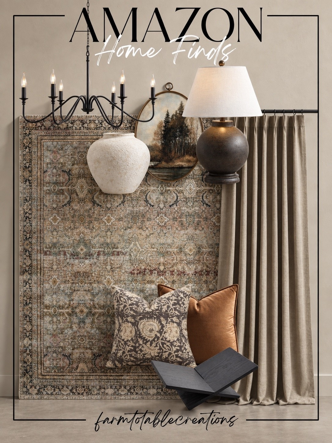 Amazon Moody Neutral Home Finds 🤎

These Amazon home finds are giving warm, collected, designer-inspired style. The vintage-look rug, dramatic black chandelier, earthy table lamp, textured vase, landscape artwork, neutral drapes, and layered pillows create a cozy space with just the right amount of contrast.

I love the mix of aged patterns, warm browns, soft neutrals, and black accents. These pieces would be beautiful for refreshing a living room, bedroom, or dining space for fall while still working year-round.

Follow @farmtotablecreations on Instagram for more cozy home finds and trending decor.

#LTKHome #AmazonHome #AmazonFinds #AmazonDecor #HomeDecor #CozyHome #NeutralHome #MoodyHome #VintageInspired #DesignerInspired #FallHome #WarmNeutrals #CollectedHome #LTKFinds

#LTKHome #LTKSaleAlert