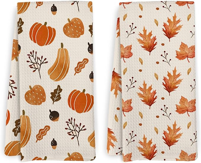 Fall Leaf Pumpkin Kitchen Towels and Dishcloths Set of 2, Hand Towels, Dish Towels, Leaves Decor,... | Amazon (US)