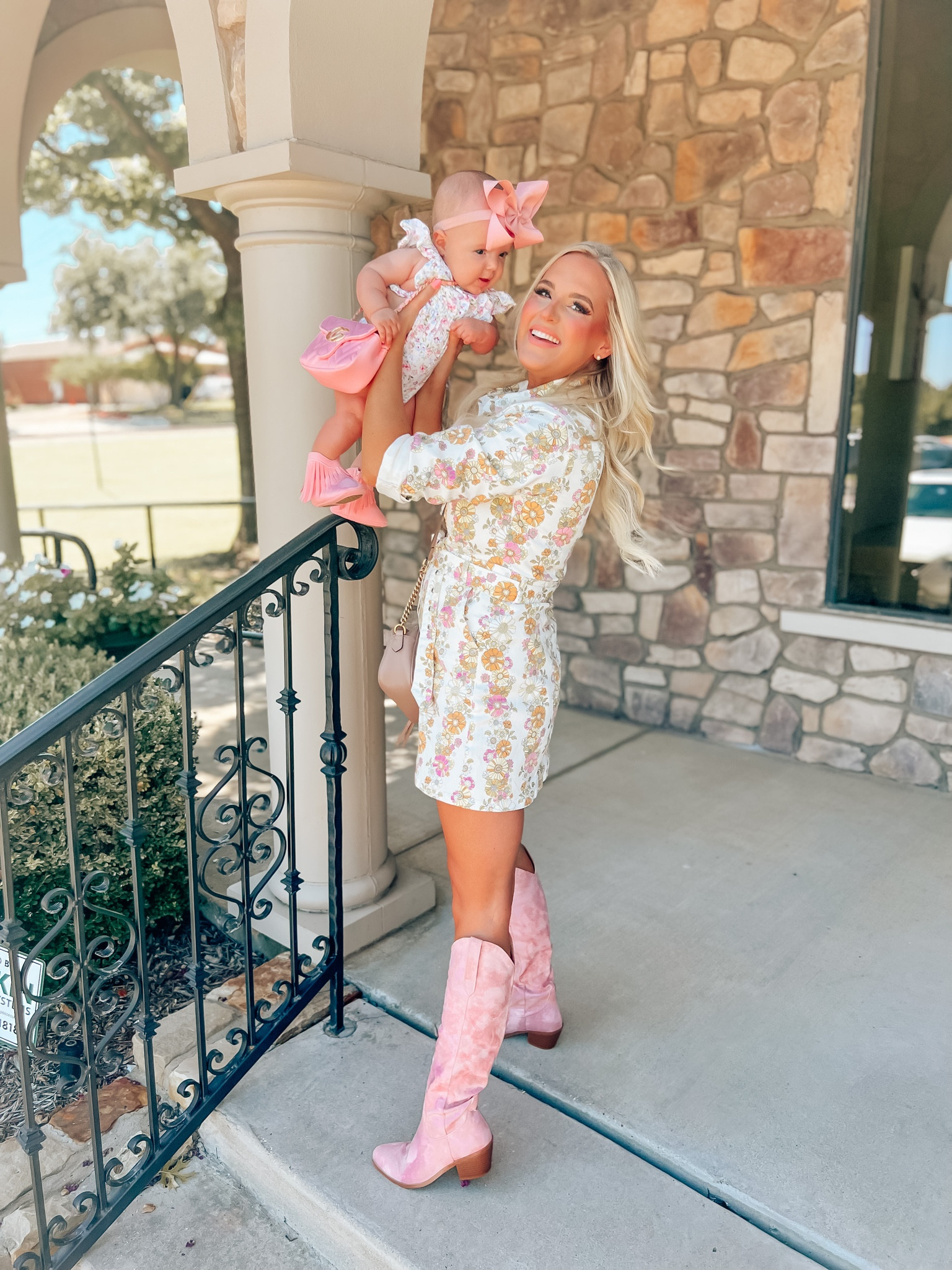 Mommy and me outfits. Pink cowgirl boots. Pink western boots. Denim dress. Floral denim dress. Baby girl outfit. Little girl fall outfits. Baby outfits. Baby bows. Pink boots. Western boots. Cowgirl boots. 

#LTKfamily #LTKbaby #LTKstyletip