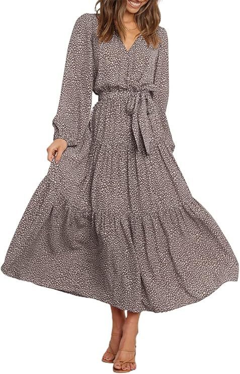 PRETTYGARDEN Women's Boho Long Sleeve V Neck Leopard Print Ruffle Tiered Maxi Dress Tie Waist Chi... | Amazon (US)