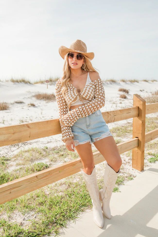 Tie That Binds Tan And Ivory Crochet Crop Long Sleeve Top | Pink Lily