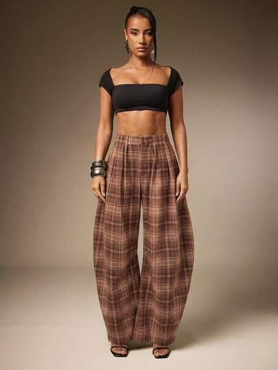 Hauture Basic Summer Casual Solid Charcoal Pleated Oversized Barrel Pants | SHEIN