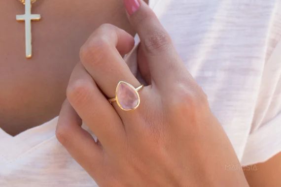 Rose Quartz Tear Drop Ring ~ Gemstone ~ Natural ~ 18k Gold Plated ~ Jewelry ~ Handmade~ January B... | Etsy (AU)