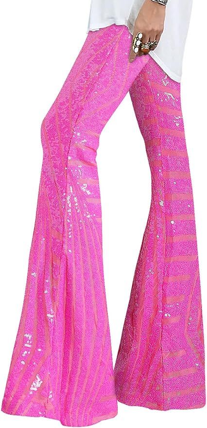 EVALESS Women Sequin Pants Sparkly Glitter High Waisted Wide Leg Flare Trousers Bell Bottom Night... | Amazon (US)