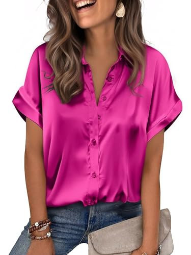 Zeagoo Hot Pink Satin Button Down Shirt Women Silk Tops Hot Pink Trendy Blouse Hot Pink | Amazon (US)