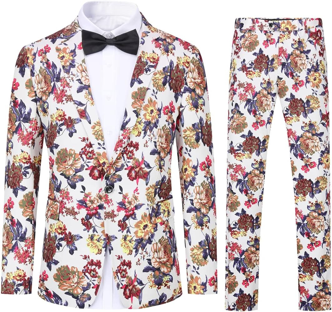 Cloudstyle Mens 2 Piece Suit Notched Lapel Sport Coat Floral One Button Slim Fit Tweed Suit | Amazon (US)