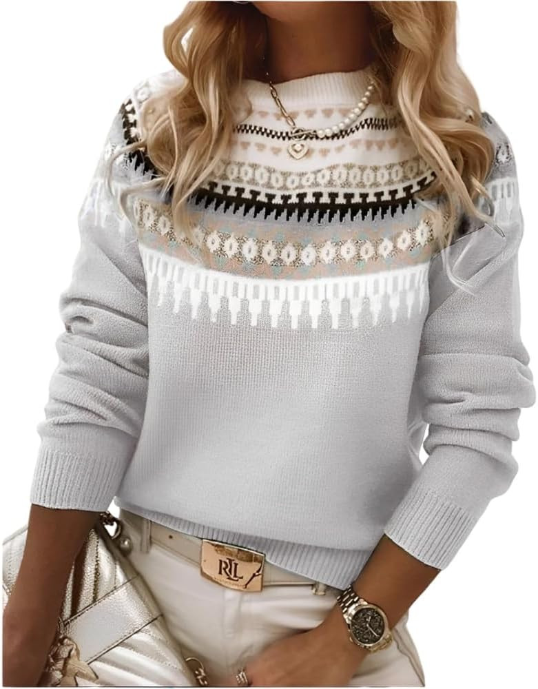 Women's Classic Fair Isle Pattern Knit Sweater 2024 Trendy Casual Loose Crewneck Long Sleeve Ligh... | Amazon (US)