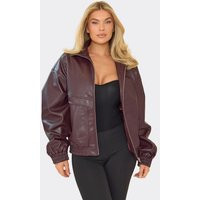 Funnel Neck Oversized Biker Jacket In Burgundy Faux Leather, Women's Size UK 10 | EGO (UK)
