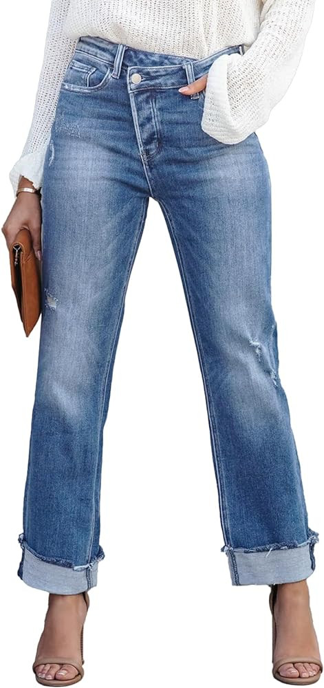 Metietila Jeans for Women Trendy High Waisted Corssover Boyfriend Jeans Distressed Stretchy Denim... | Amazon (US)