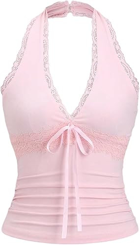 WDIRARA Women's Lace Trim Ruched Backless Halter Top Y2k Bow Knot Sleeveless Tank Top | Amazon (US)