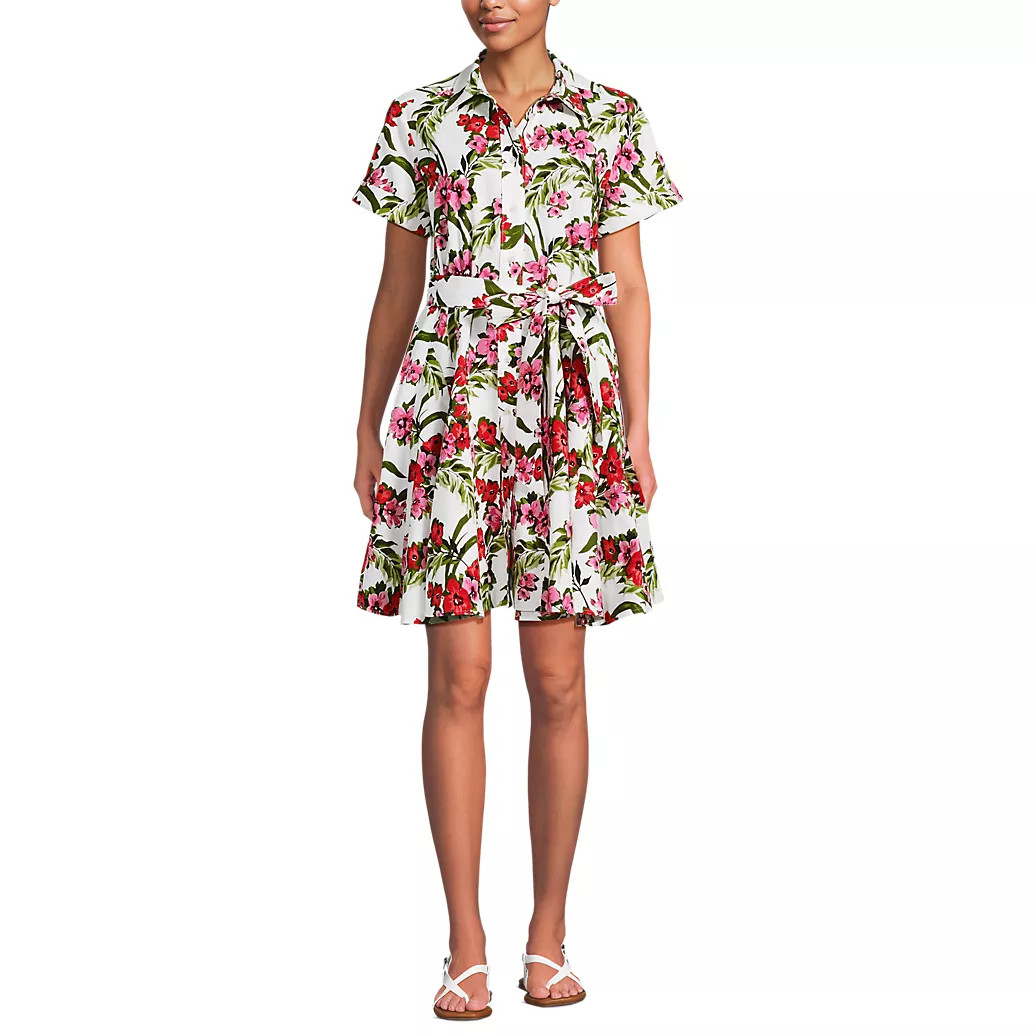 Women's Linen Blend Button Front Dress with Godets | Lands' End (US)