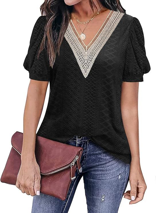 Womens Tops Casual Cute Tops Puff Sleeve Summer Tops 2024 Trendy Floral Print Lace V Neck Short S... | Amazon (US)