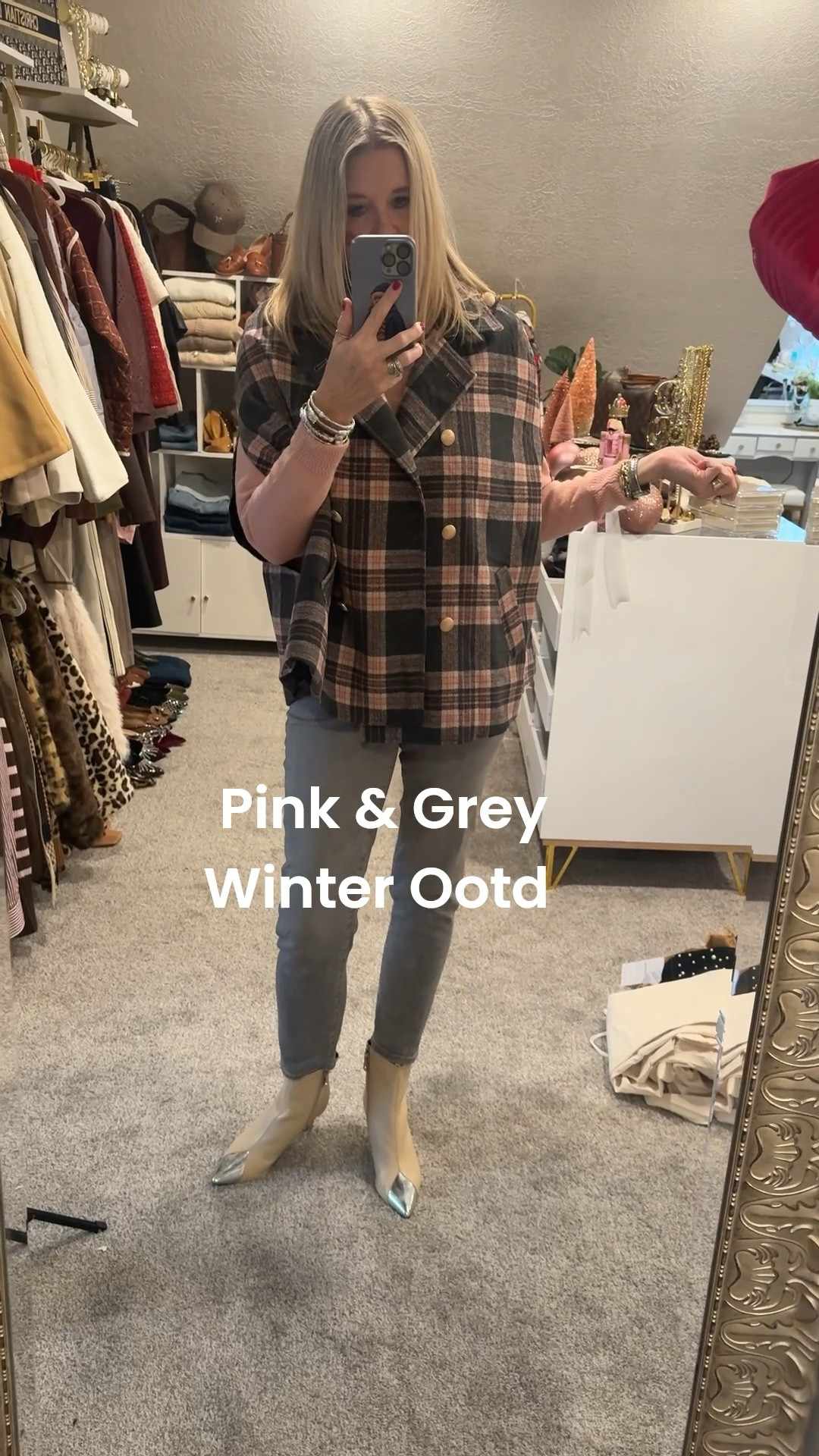 Pink & Grey Winter outfit look

Pink and grey plaid cape
Perfect Winter layer, amazing quality and perfect out wear layer love the button detail 
Tts 

Pink and pearl collar sweater by Gibson look fits tts in a small 
Save 10% off with code DARCY10

Love the feel and quality 

Grey Chico jeans girlfriend straight leg , fit tts in a 0 (4) 
Comfy and soft denim

Cecelia New York silver capped toe bootie tts

Earrings target find under $12

Bracelets are by pearls by Sheri and not linkable 



#LTKFindsUnder50 #LTKootd #LTKOver40