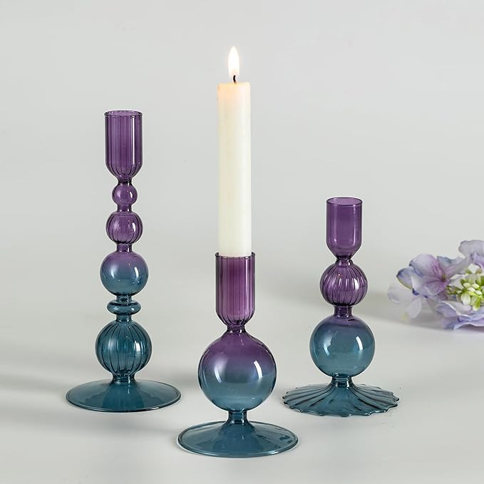 Hewory Verre Bougeoir Bougies Bâton Multicolore : Set de 3 bougeoirs Bougie Bâton Bleu Deko Aes... | Amazon (FR)