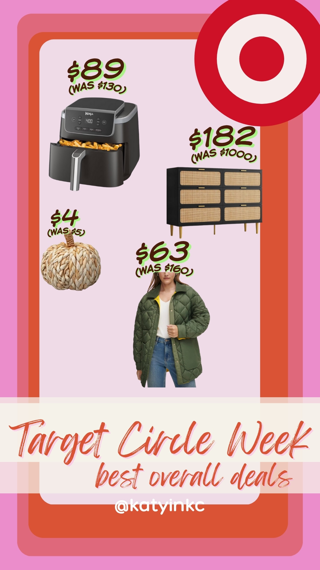 🍂 TARGET CIRCLE WEEK DEALS YOU NEED TO SEE 🍂

🔥 Ninja Air Fryer → $89 (was $130)
🪞 Rattan indoor dresser → $182 (was $1,000 🤯)
🎃 Cute seasonal pumpkins → $4 (were $5)
🧥 Calvin Klein puffer jacket → $63 (was $160!)

These prices are honestly wild. If you’ve been waiting for a sign to upgrade your kitchen, grab fall home décor, or snag a winter jacket, this is IT. Sale runs through Oct 9 → shop them directly here before they sell out 🔗#TargetCircleWeek #TargetDeals #TargetStyle #TargetFinds #TargetSale #FallDeals #TargetHome #TargetObsessed #TargetRun #BudgetFriendly #TargetFashion #FallFavorites #TargetShopping #SaleAlert #DealHunters #PufferJacket #AirFryerRecipes #HomeDeals #PumpkinDecor 

 #LTKSeasonal #LTKHome #LTKSaleAlert