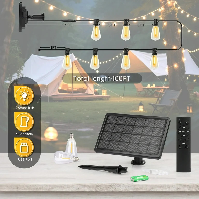 100FT Solar String Lights Outdoor Waterproof, Patio Lights with Remote Control & 30+2 Dimmable ST... | Walmart (US)