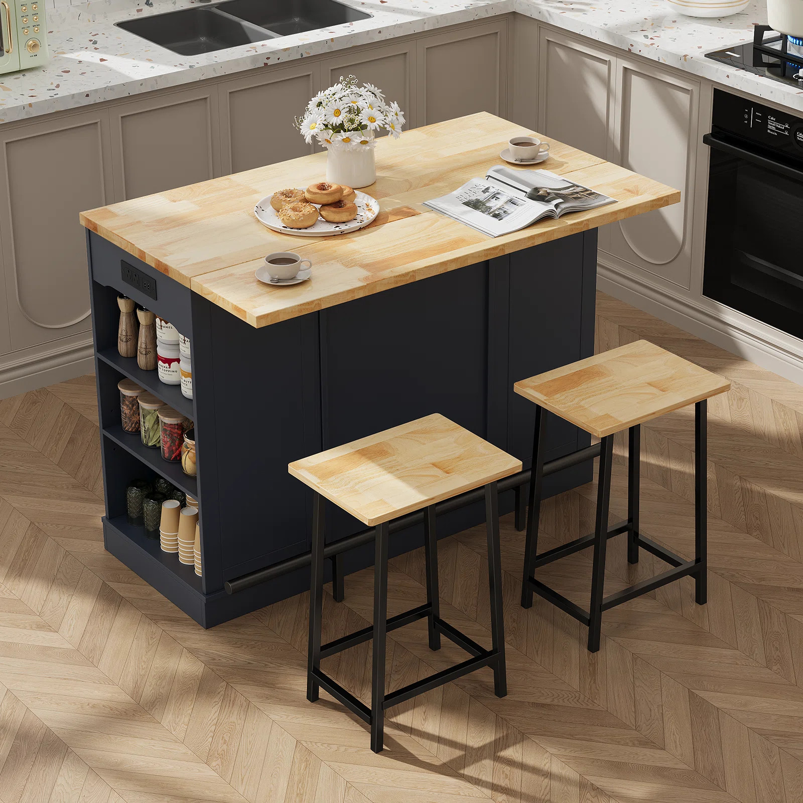 Kitchen Island With Storage Cabinet And Trash Cabinet,  3 Pieces Kitchen Dining Table Set With 2 ... | Wayfair North America