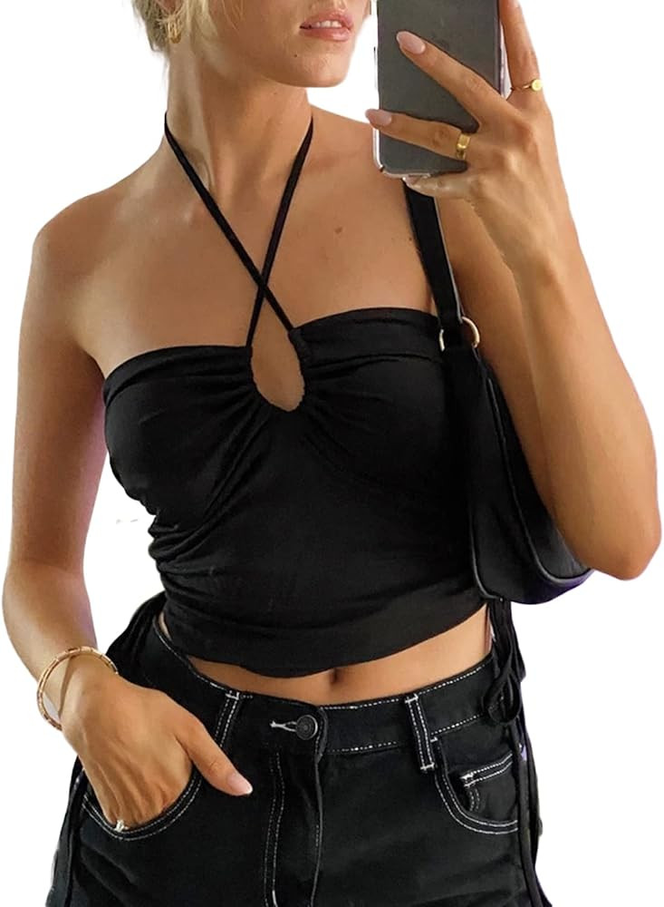 Women's Halter Camisole, Adult Solid Color Sleeveless Backless Drawstring Pleated Crop Tops | Amazon (US)