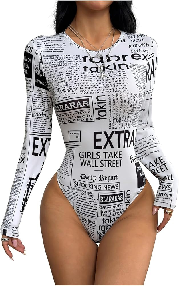WDIRARA Women's Newspaper Print Long Sleeve Round Neck Knitted Stretchy Slim Fit Bodysuit | Amazon (US)