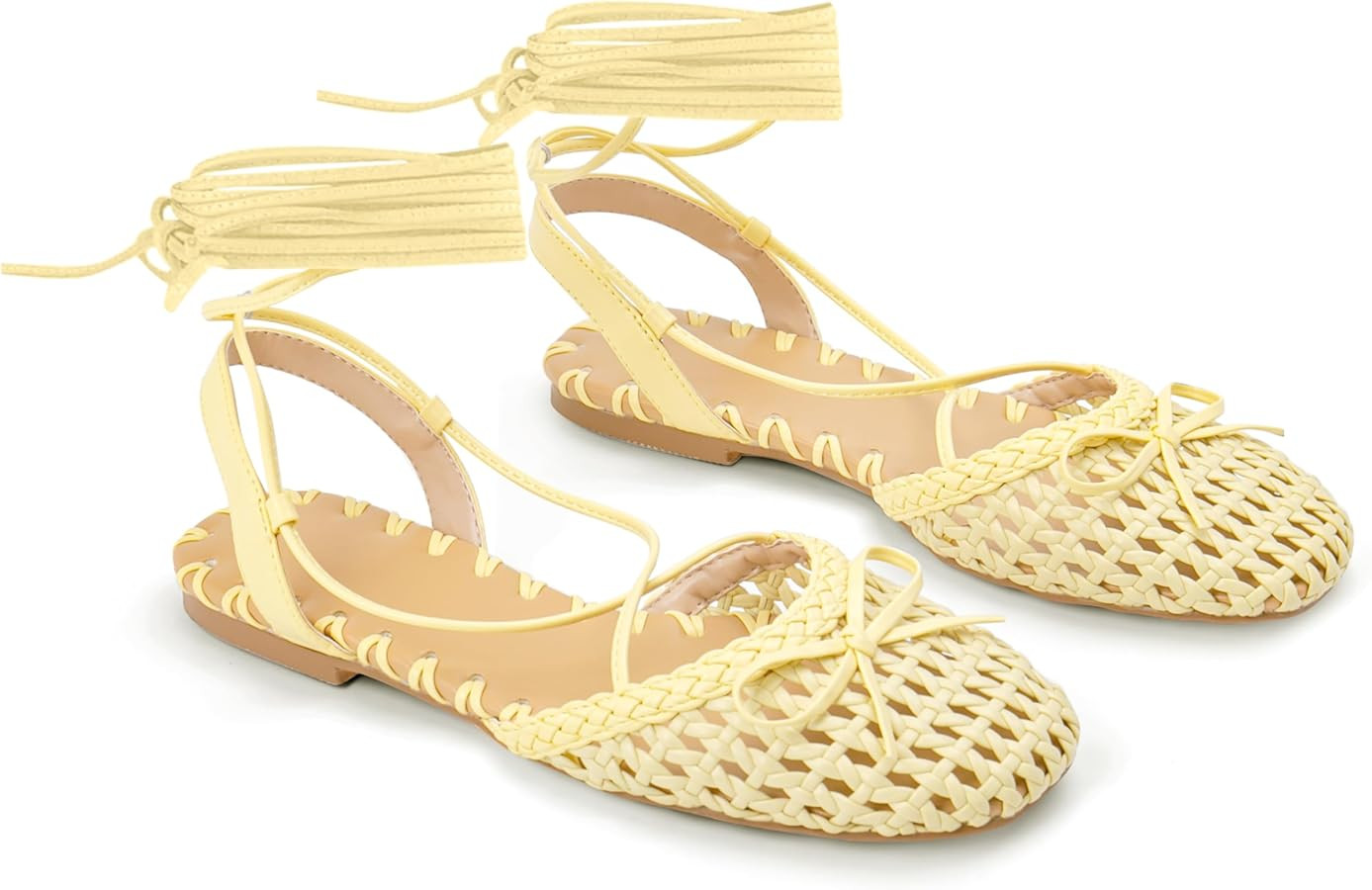 Woven Ballet Flats for Women Lace Up Closed Square Toe Summer Flats Shoes | Amazon (US)