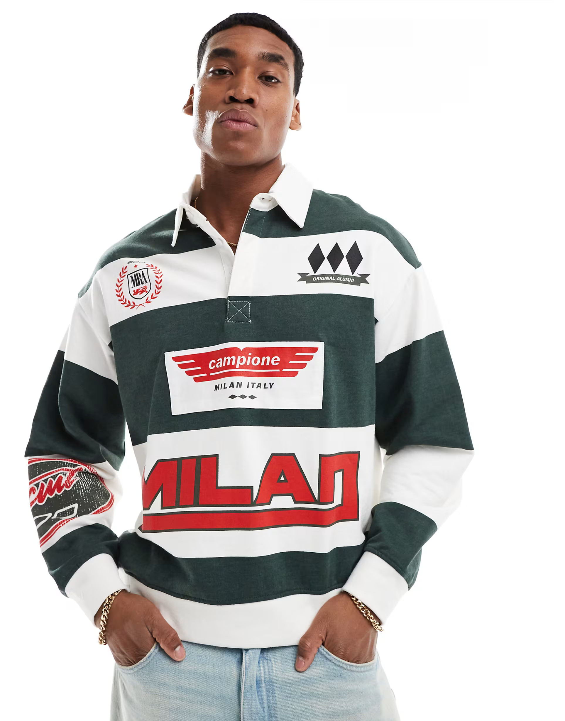 Bershka retro sports rugby polo in green | ASOS (Global)