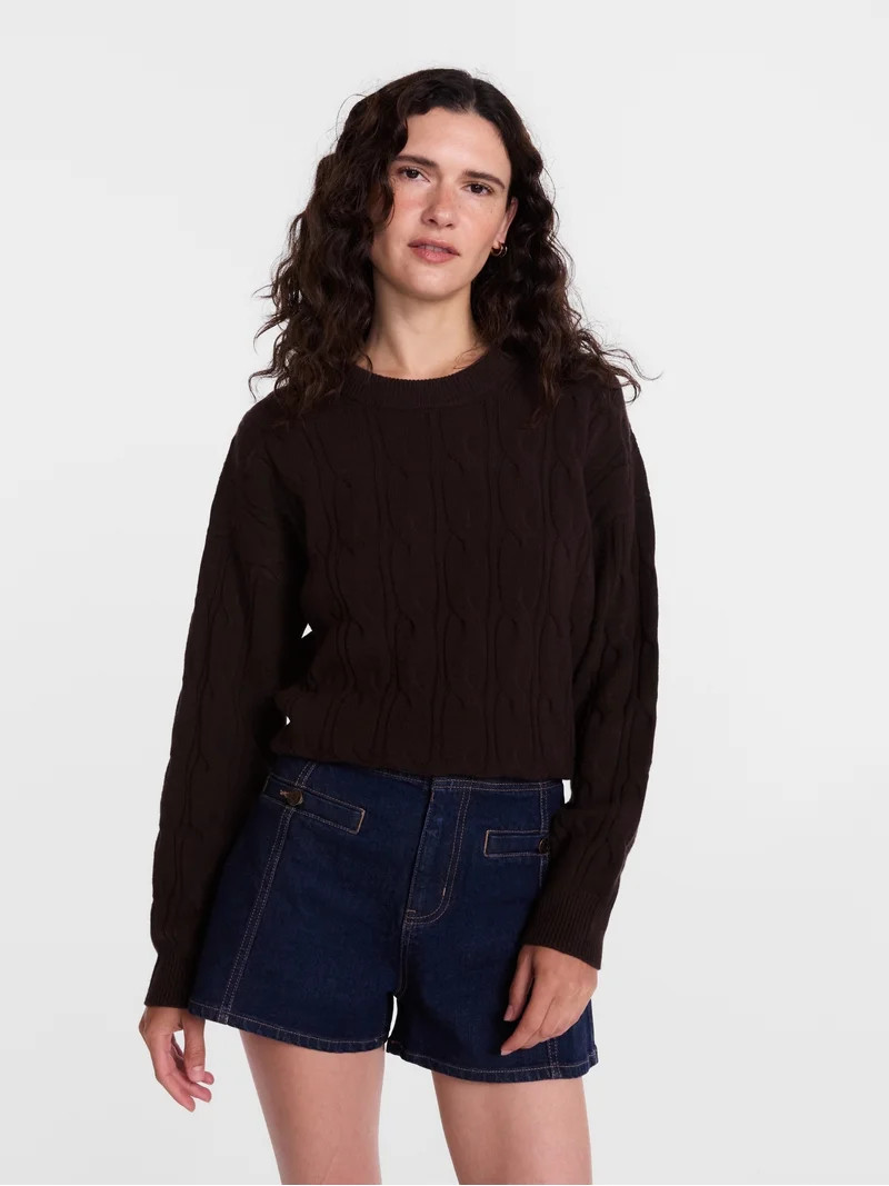 Scenario Women's Crewneck Cable Knit Mid-weight Sweater, Sizes XS-XXXL | Walmart (US)