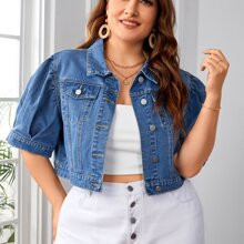 Plus Puff Sleeve Crop Denim Jacket | SHEIN
