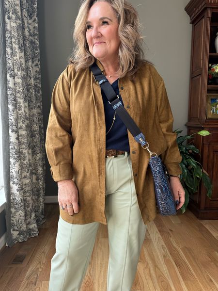 Faux leather pants in a pale green. Perfect for right now and in to spring. I’m wearing a size 12 
Faux suede shirt jacket is available and on clearance. 


#LTKover40 #LTKmidsize #LTKfindsunder50