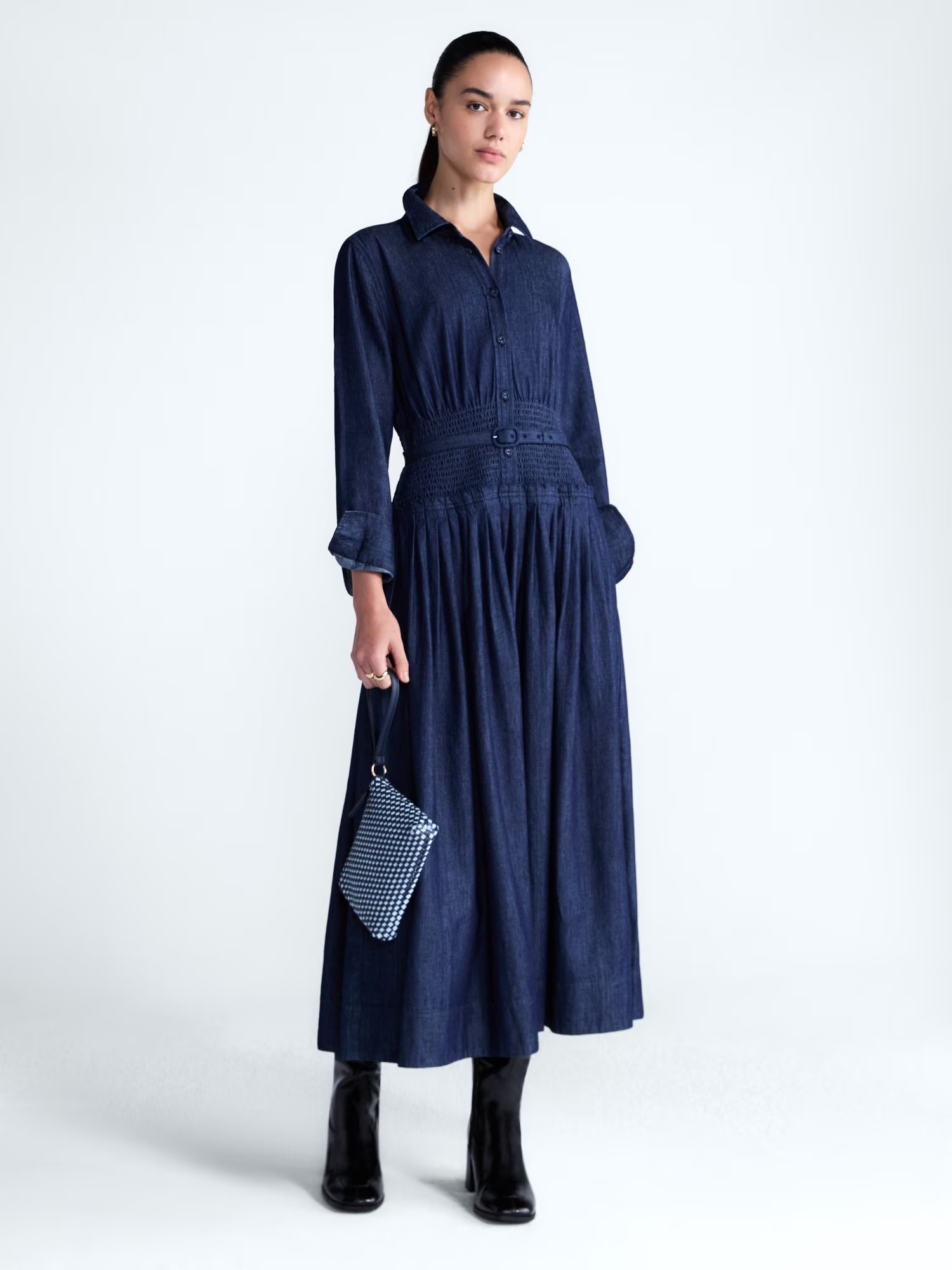 Free Assembly Women's and Women's Plus Belted Smocked Waist Denim Midi Shirtdress, Sizes XS-4X | Walmart (US)