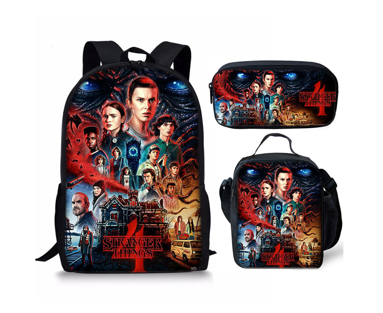 sunwoif Stranger Things 4 3Pcs/Set Backpack Kids School Bookbag Lunch Bag Pencil Case - A | Catch.com.au