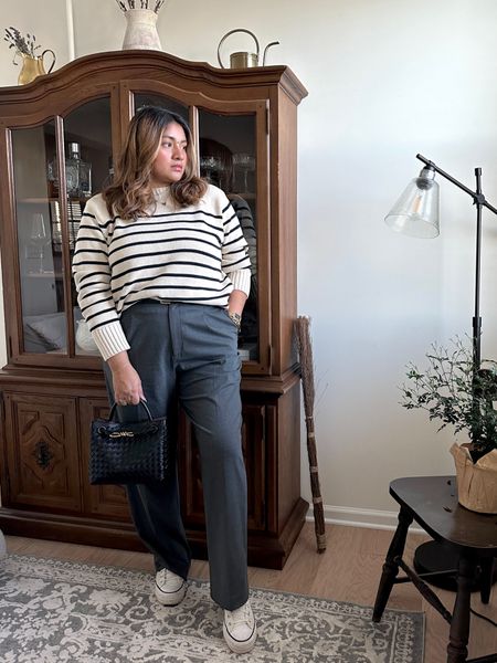 Striped oversized sweater with grey trousers 

#LTKmidsize #LTKstyletip #LTKfindsunder50