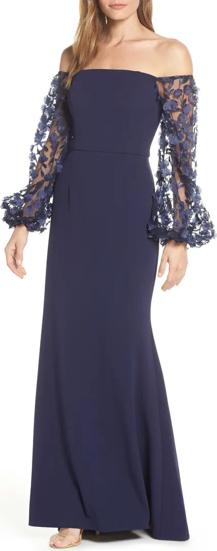Off the Shoulder 3D Floral Sleeve Scuba Crepe Evening Dress | Nordstrom
