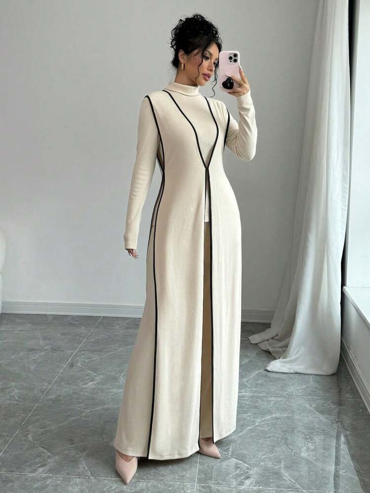 SHEIN Raffinéa 3pcs Set Women's Knit Velvet Ribbed High Neck Colorblock Long Jumpsuit | SHEIN