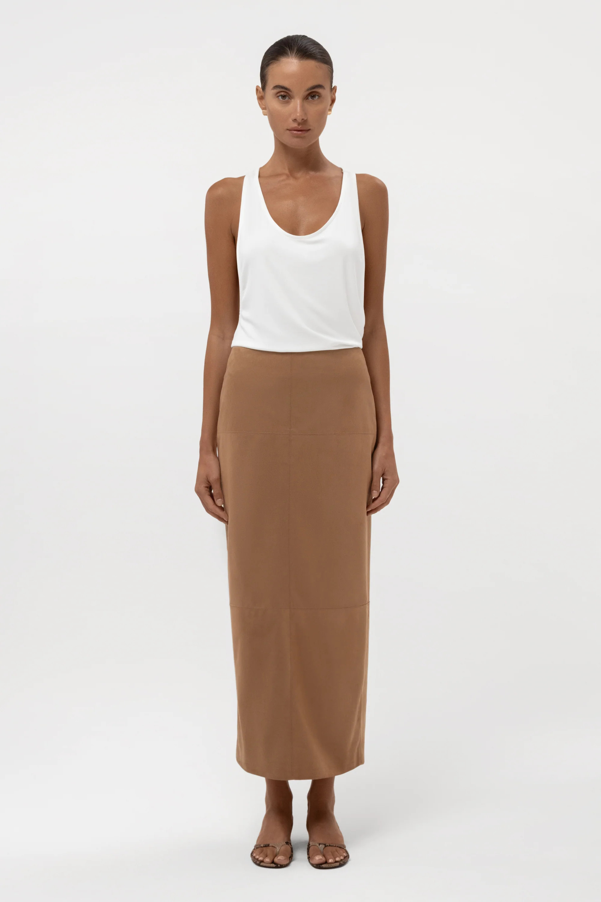 Paneled Faux Suede Midi Skirt - Camel | LEAU (US)