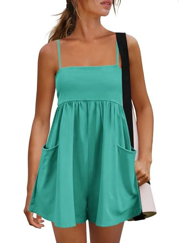 Panadila Womens Summer Rompers Beach Vacation Clothes Spaghetti Strap Short Jumpsuits Square Neck Dress with Pockets (Amber Green,L) | Amazon (US)