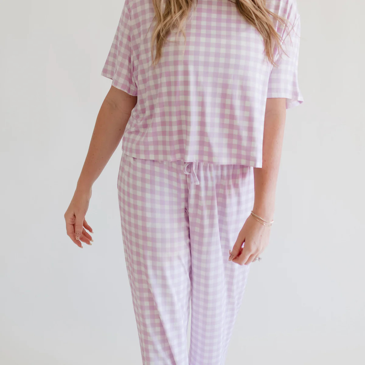 Women's T-Shirt and Pants Set in Purple Gingham | Silks Design