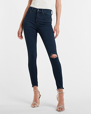 High Waisted Dark Wash Ripped Raw Hem Supersoft Skinny Jeans | Express