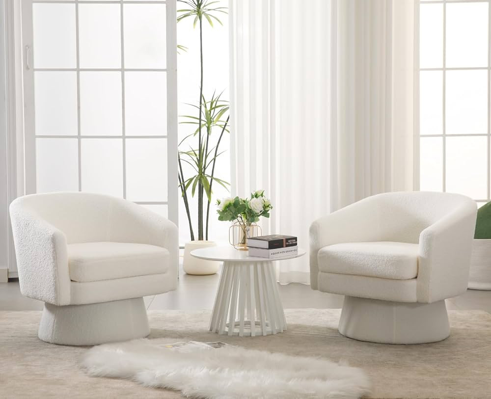 Boucle Swivel Accent Chairs Set of 2 White Barrel Arm Chair Round Cozy Upholstered Reading Chair ... | Amazon (US)
