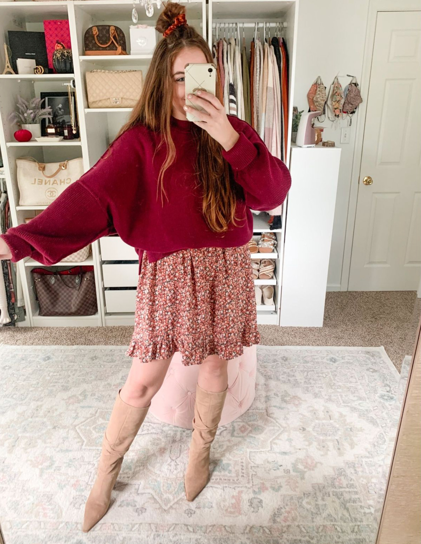 Looking for what to wear with a burgundy sweater this fall? This easy fall outfit consists of a burgundy sweater with a floral dress and tan knee high boots. This look for autumn gives off a cute, feminine vibe that’s perfect for fall fashion.  

 #LTKootd #LTKSeasonal #LTKMidsize