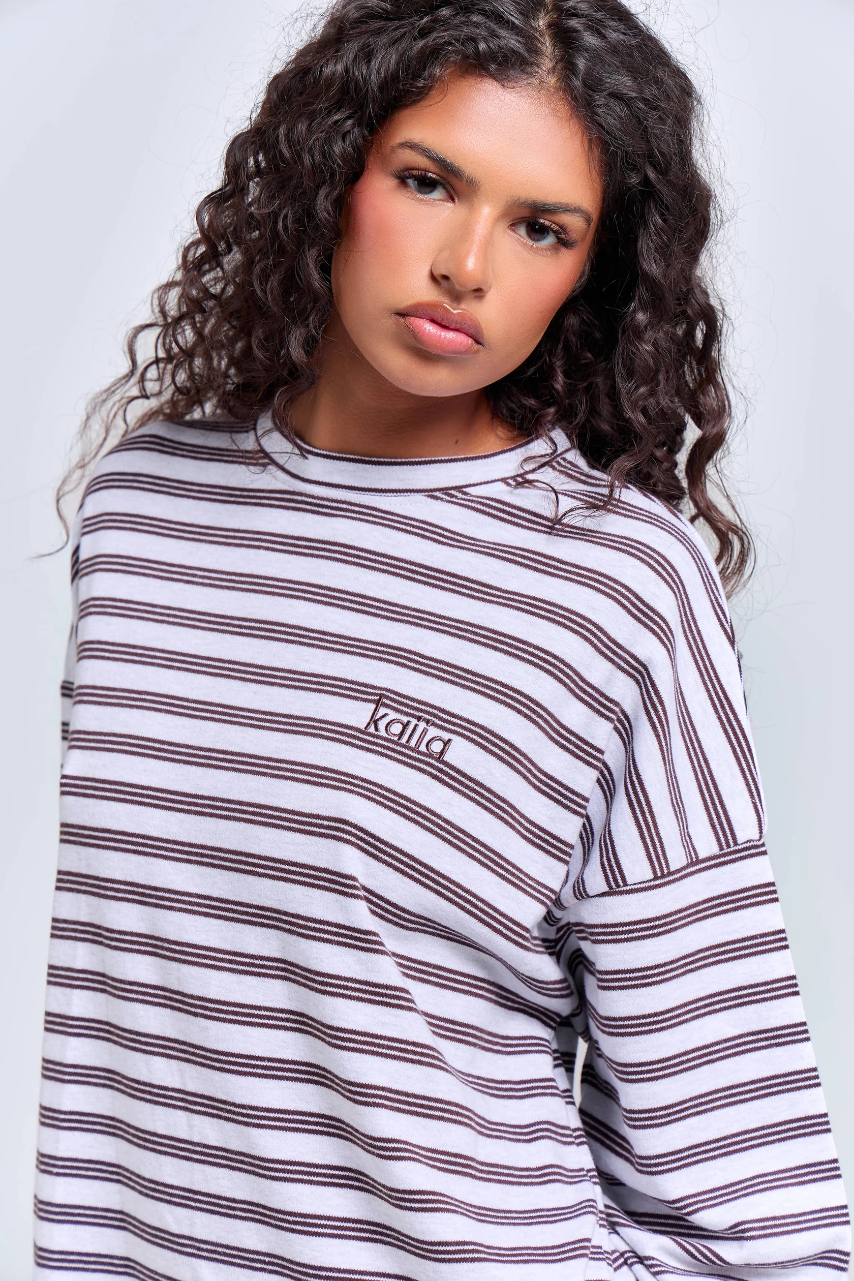Kaiia Interlock Stripe Oversized Top Light Grey Marl & Chocolate | Kaiia the Label