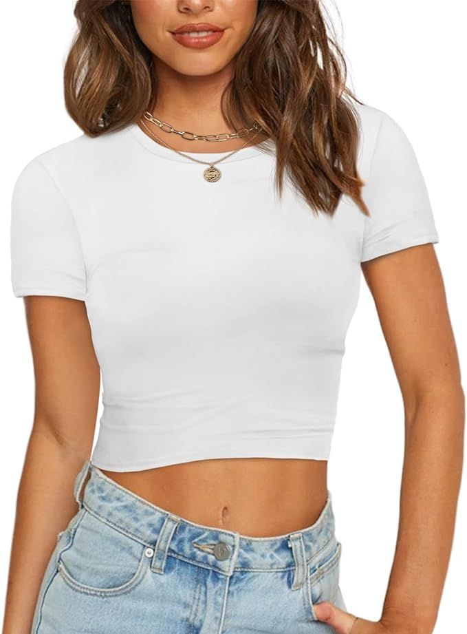 Womens Crop Tops Basic Crewneck Short Sleeve T Shirts Slim Fit Tees Crop Top | Amazon (US)
